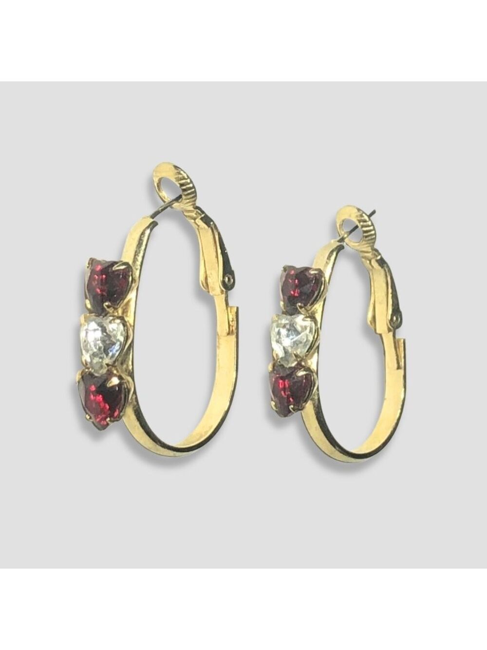 Vintage Hoop Earrings Romantic Three Heart-Shaped Stones Latch Back Closure Red